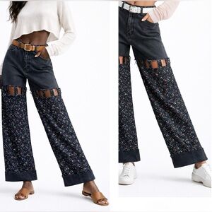 Upcycled Denim & Organic Cotton Floral Pants, Wide Leg Boho Patchwork Trousers S
